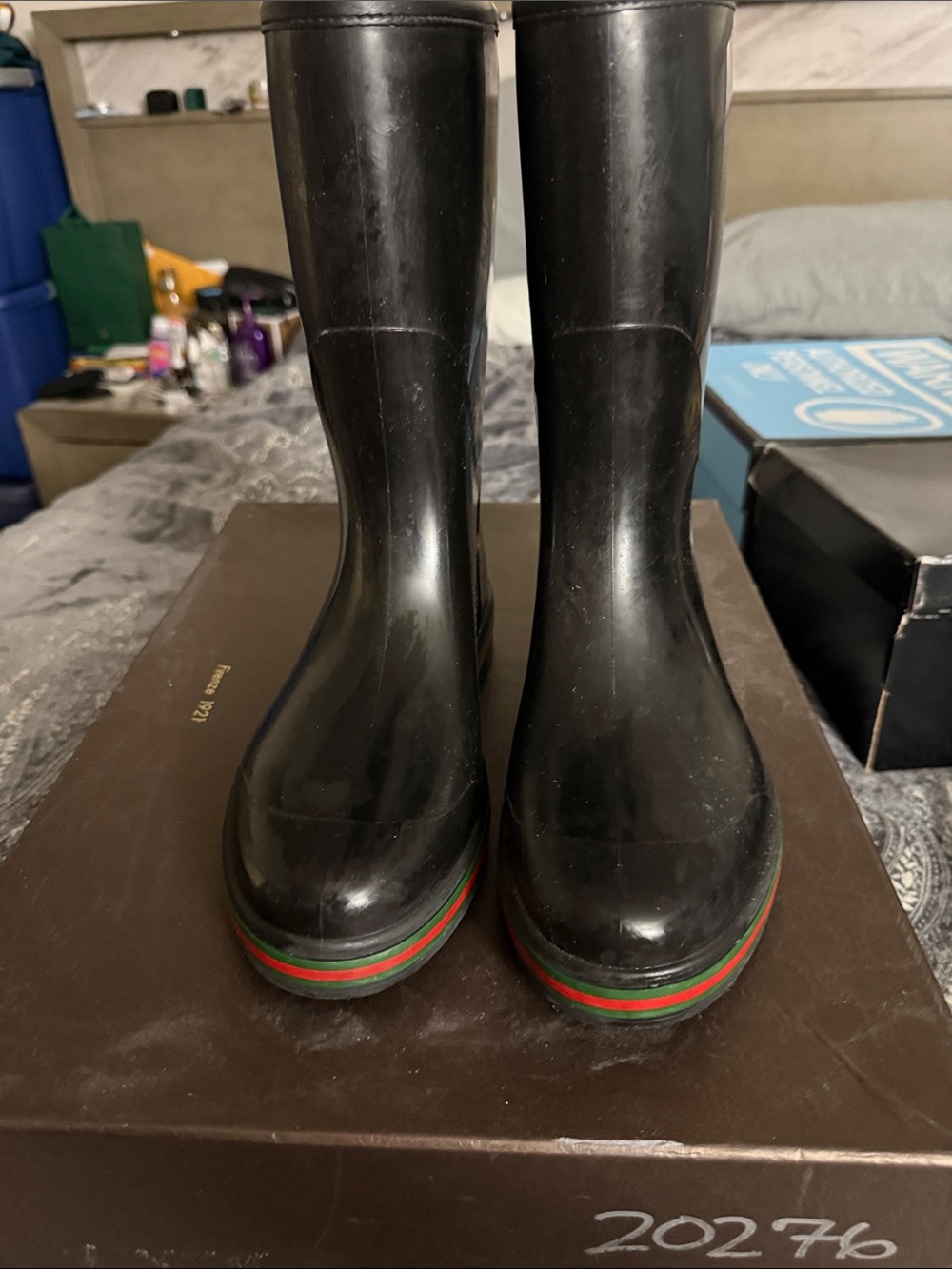 Gucci Black Rain Boots with Red and Green Stripe